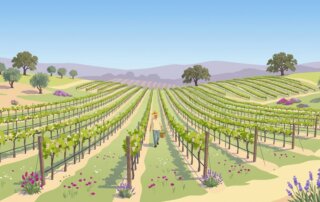 a vineyard with rolling hills, olive trees, and a farmer, highlighting organic wine certification benefits.