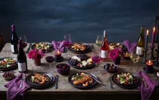 a rustic wooden table set for dinner with a summer wine pairing menu, featuring grilled seafood, salads, cheese, berries, and various wine bottles and glasses.