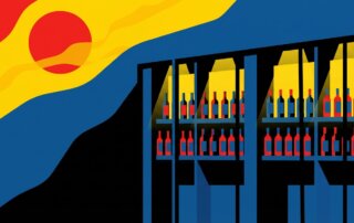 stylized illustration of bottles on shelves with a colorful background, perfect for summer wine storage.