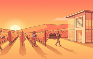vineyard workers checking grapes and carrying wine barrels, symbolizing tax season wine investment.