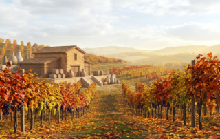 a picturesque autumn vineyard with vibrant red and yellow temecula wine varietals, a stone building, and rolling hills.