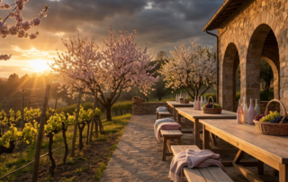 sunset over a blooming spring vineyard and stone winery patio with tables set for april winery deals.