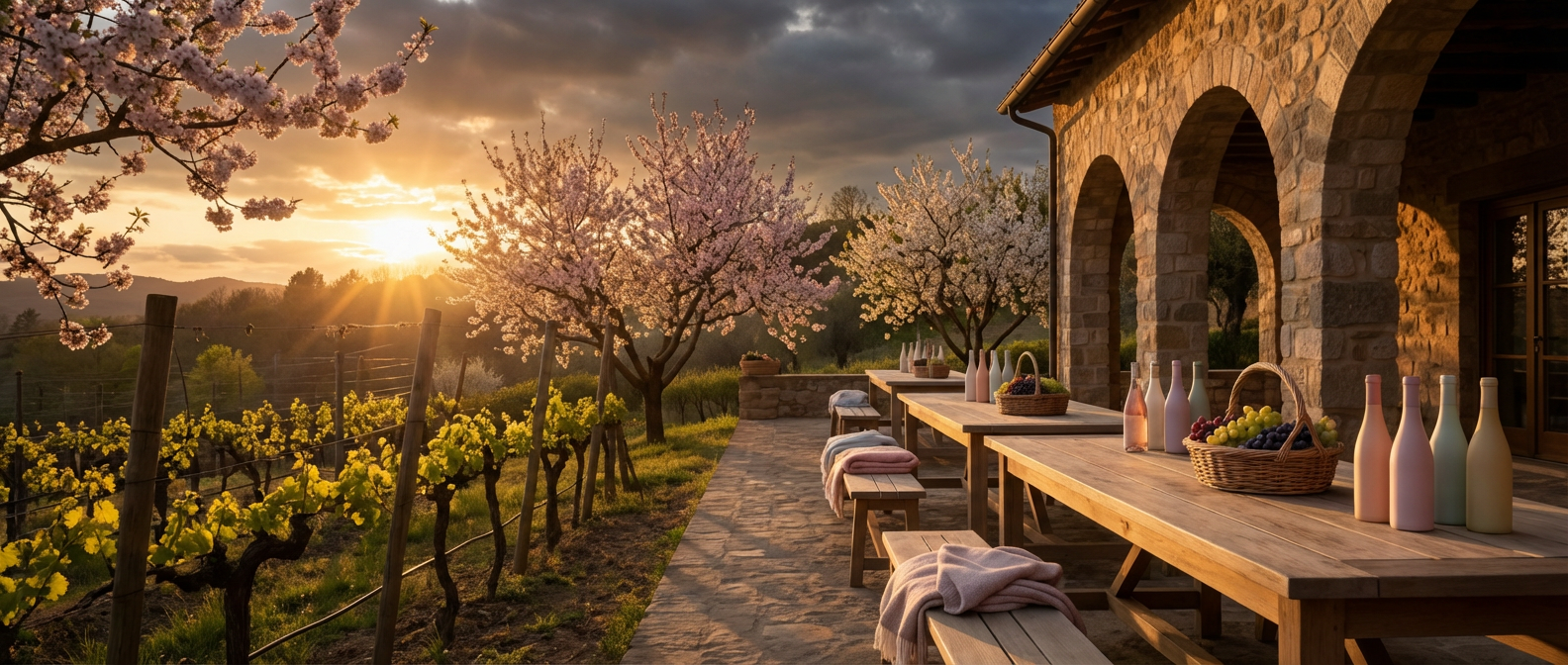 sunset over a blooming spring vineyard and stone winery patio with tables set for april winery deals.