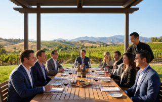 business professionals enjoying a meal and wine tasting in a vineyard, perfect for corporate wine events.