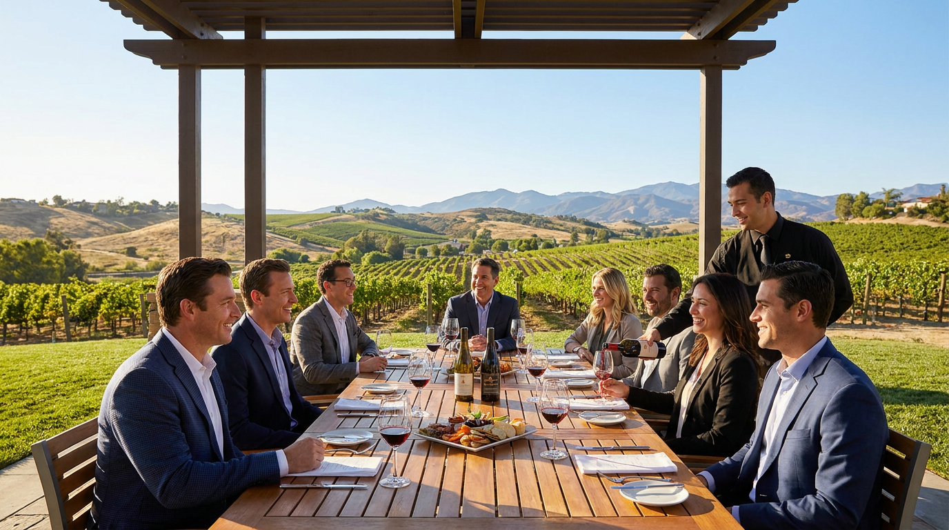 business professionals enjoying a meal and wine tasting in a vineyard, perfect for corporate wine events.