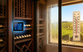 wine cellar with digital thermometer showing 13°c/55°f beside a window overlooking a vineyard, illustrating ideal summer wine storage temperature.