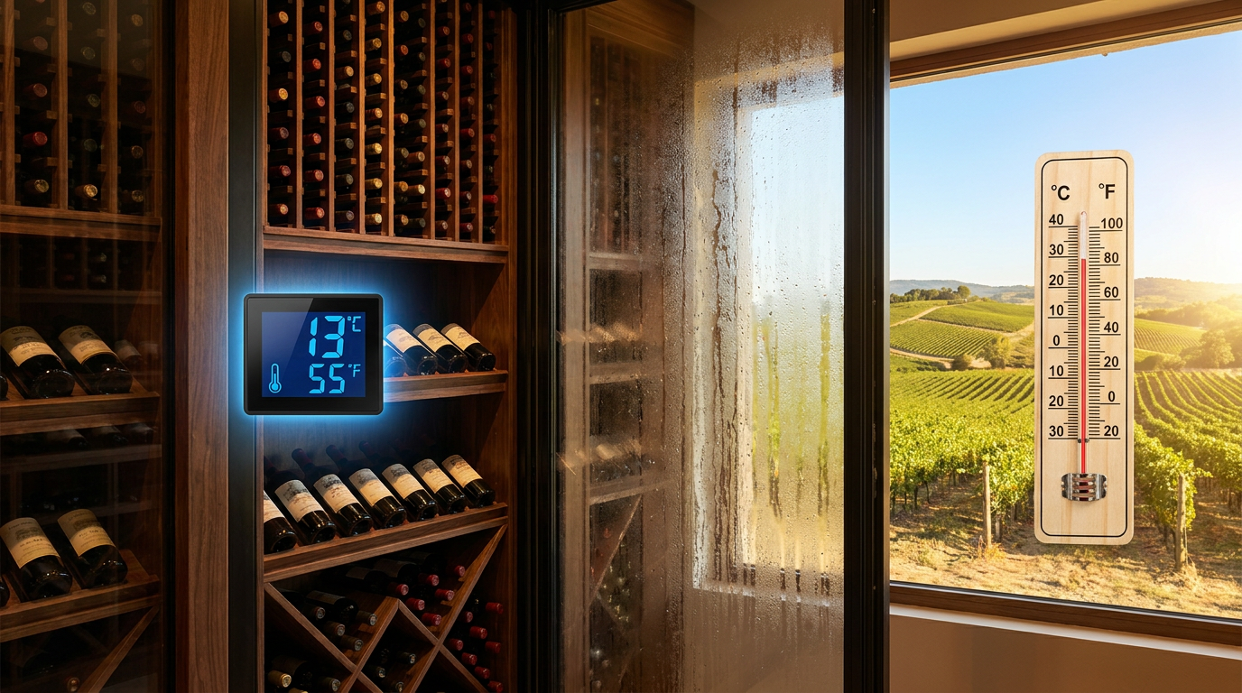 wine cellar with digital thermometer showing 13°c/55°f beside a window overlooking a vineyard, illustrating ideal summer wine storage temperature.