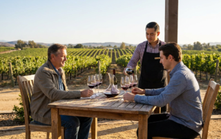 two men enjoying a fathers day wine tasting at a vineyard, with a server pouring wine.