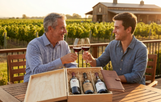 father and son toasting wine with a fathers day wine gifts box on a vineyard patio
