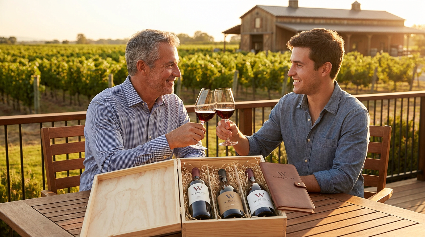 father and son toasting wine with a fathers day wine gifts box on a vineyard patio