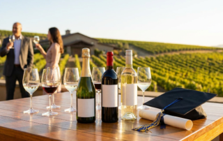 graduation celebration wines: red, white, and champagne bottles with glasses, a diploma and cap on a table in a vineyard.