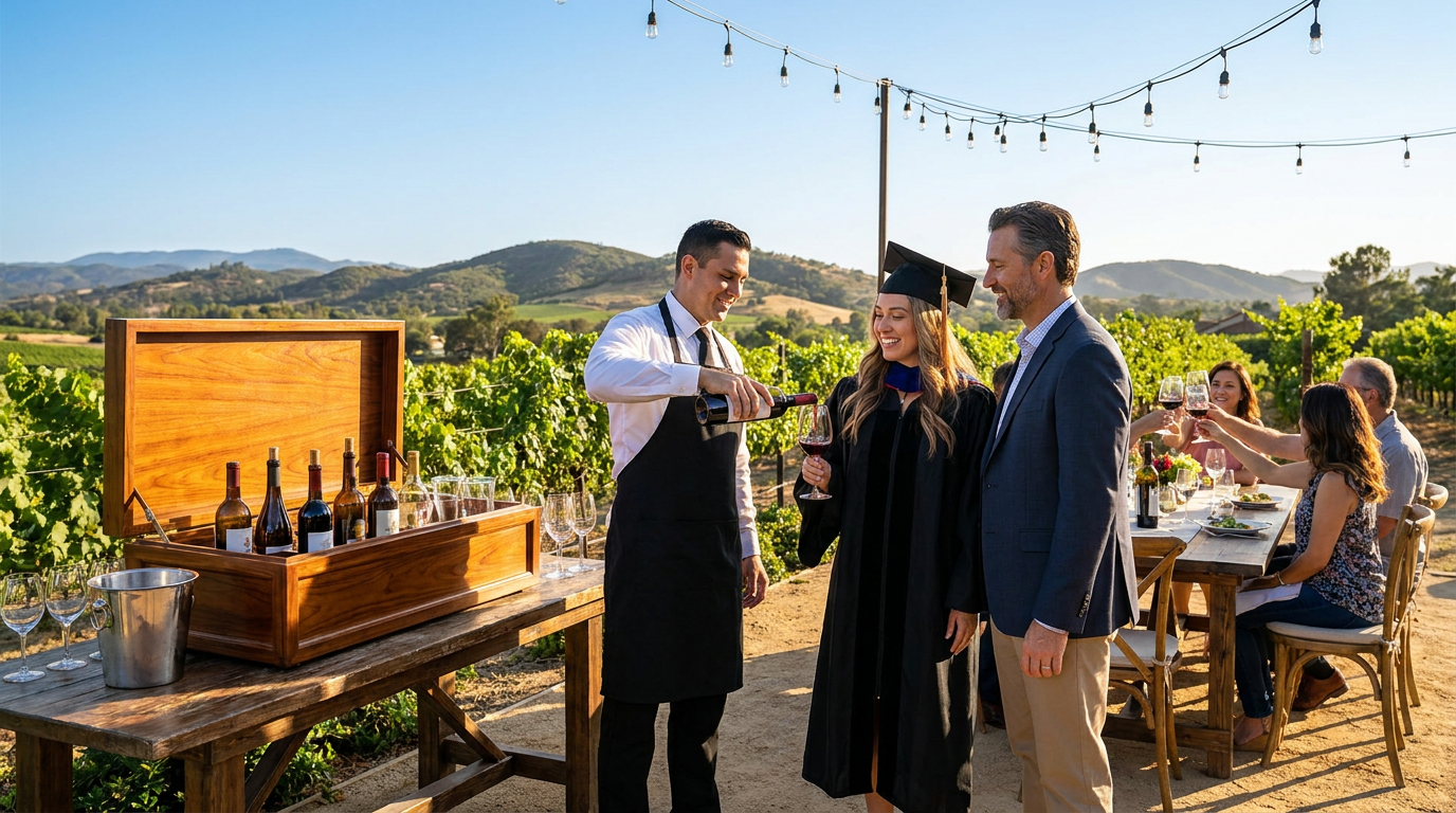 attentive temecula graduation wine service where a server pours red wine for a smiling graduate.