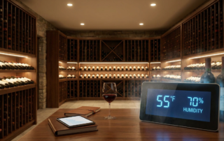 a wine cellar with bottles, a wine glass, and a digital display showing the precise wine cellar temperature of 55°f and 70% humidity.
