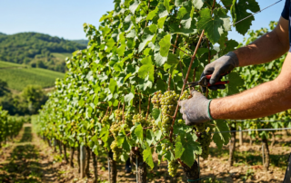 person's gloved hands performing grape cluster thinning in a vineyard with bright green leaves.