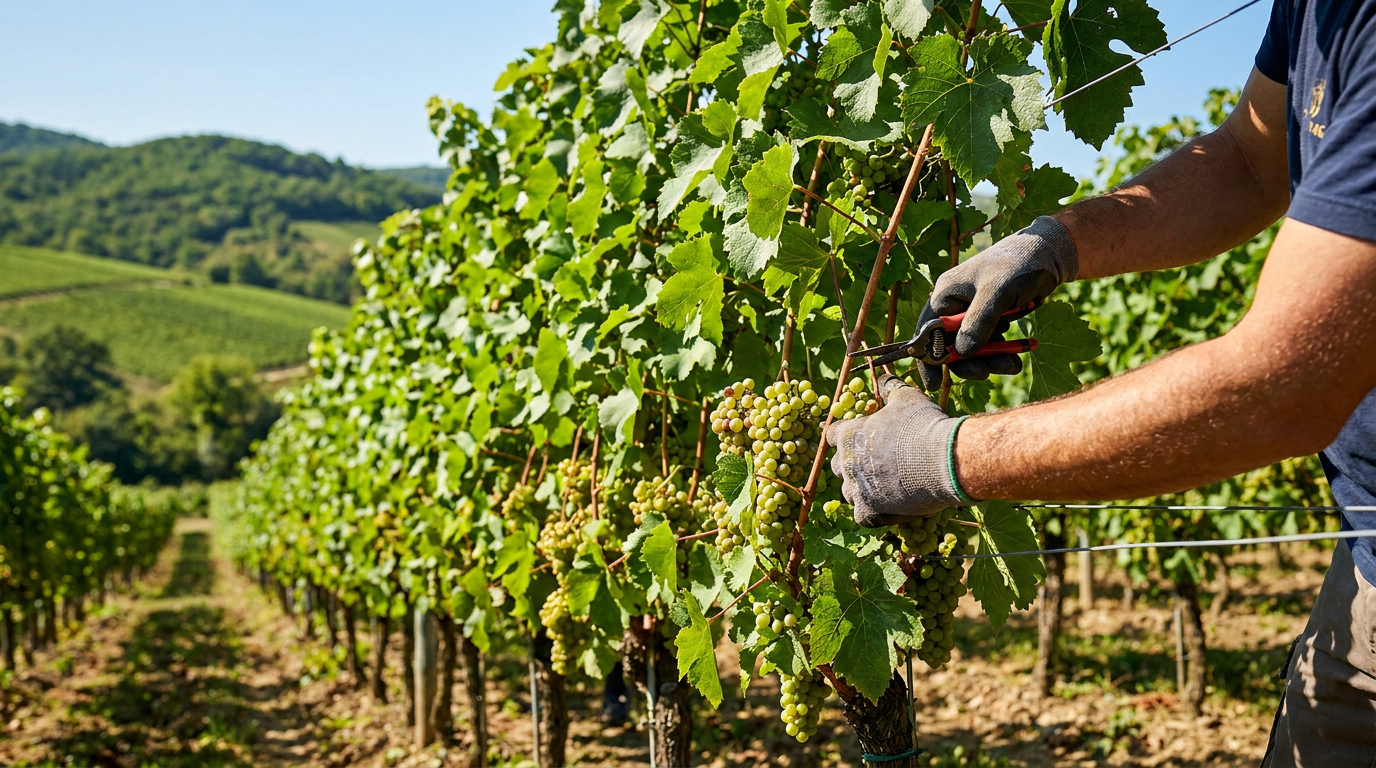 person's gloved hands performing grape cluster thinning in a vineyard with bright green leaves.