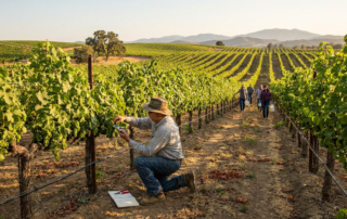 vineyard workers inspecting green grapes, performing june vineyard harvest preparation.