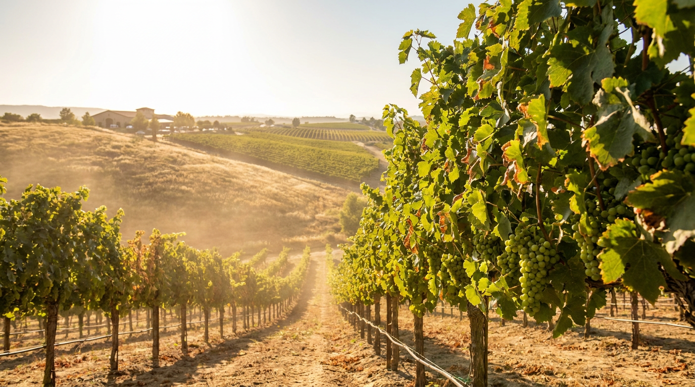 rows of green grapevines with dusty ground, ideal for june canopy management.