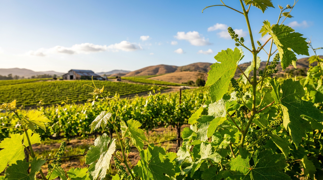 vibrant vineyard in may with developing grape clusters, green leaves, and distant hills and barn.