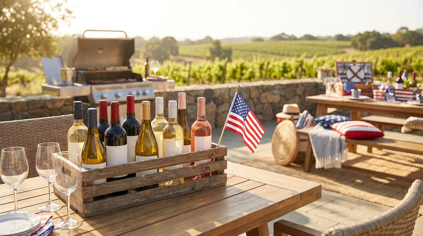 a wooden crate of assorted wine bottles on a patio table with an american flag, perfect for a memorial day wine guide.