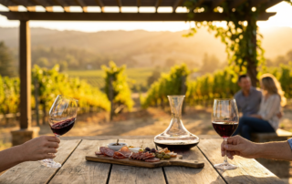 couple enjoying a private wine tasting with charcuterie and vineyard views at sunset.