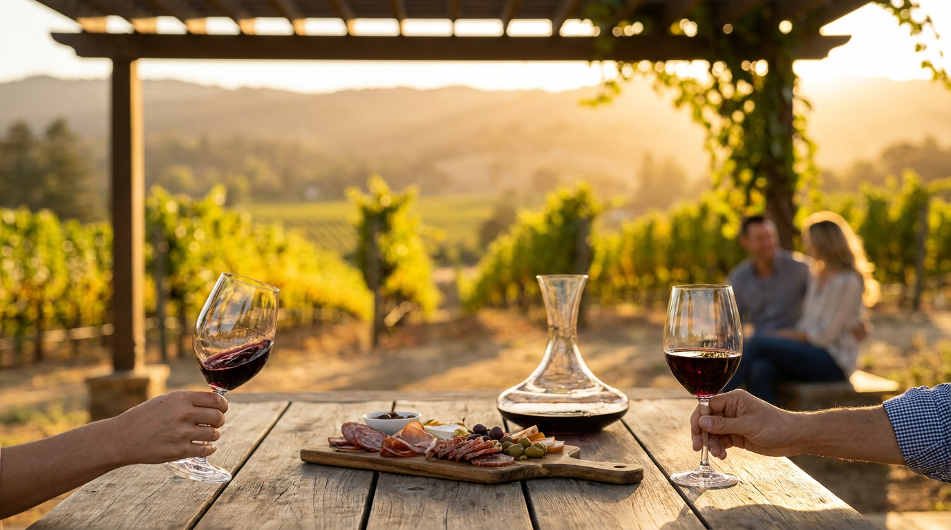 couple enjoying a private wine tasting with charcuterie and vineyard views at sunset.
