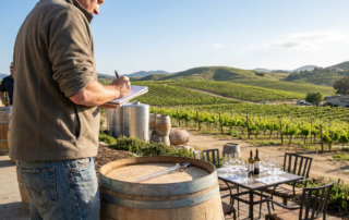winemaker noting details at a vineyard outdoors during temecula spring wine releases