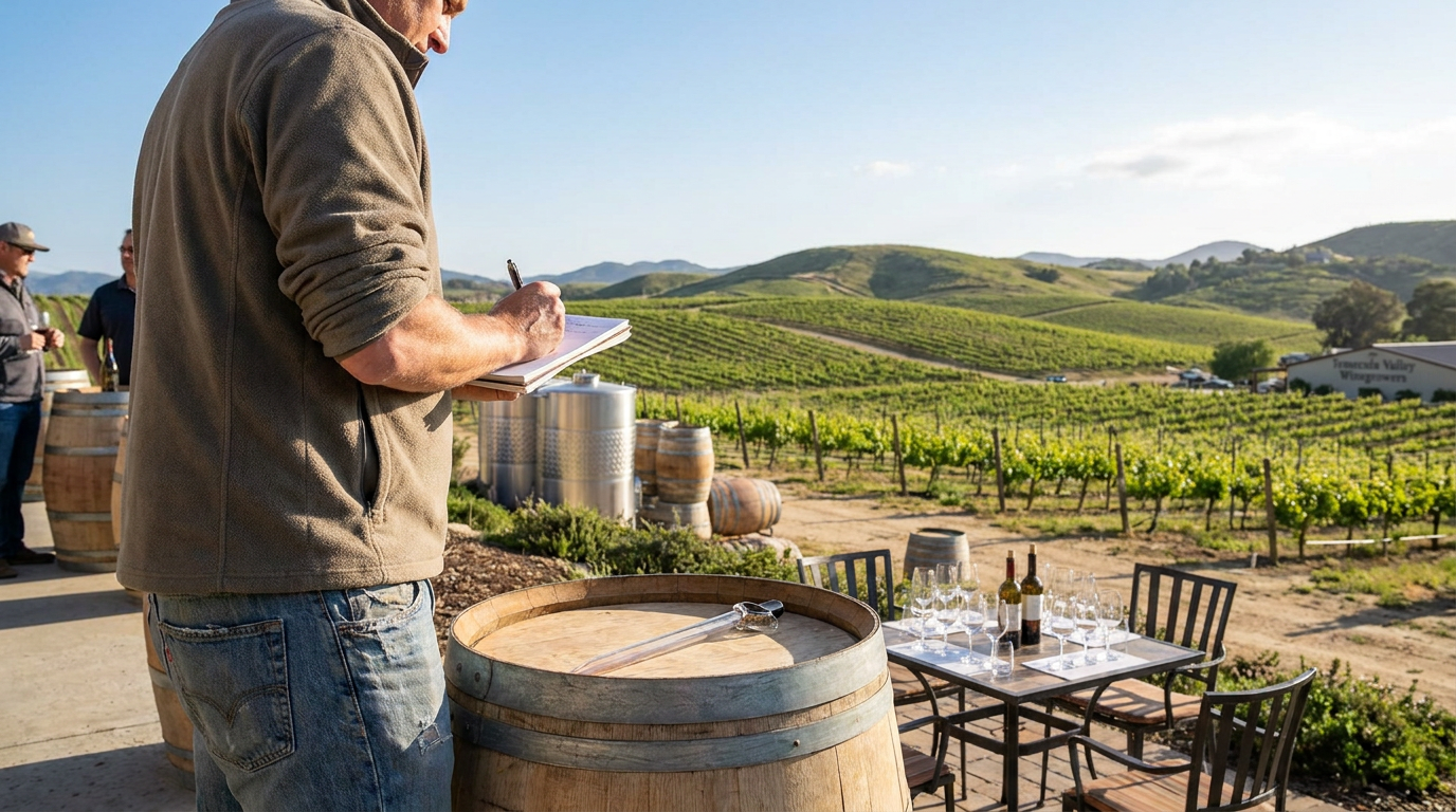 winemaker noting details at a vineyard outdoors during temecula spring wine releases