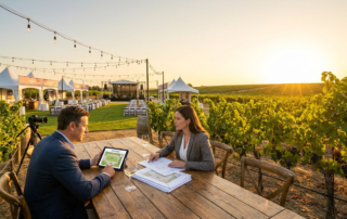 man and woman planning a summer wine festival, reviewing layouts on a tablet and papers at a vineyard table.