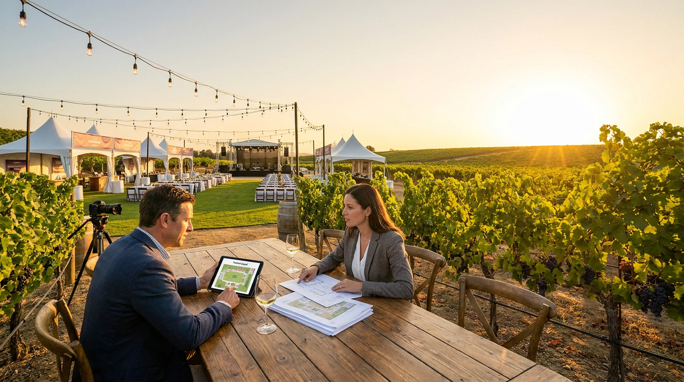 man and woman planning a summer wine festival, reviewing layouts on a tablet and papers at a vineyard table.