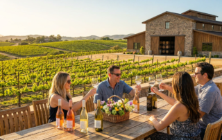 four people enjoying wine at a vineyard, showcasing spring wine club benefits