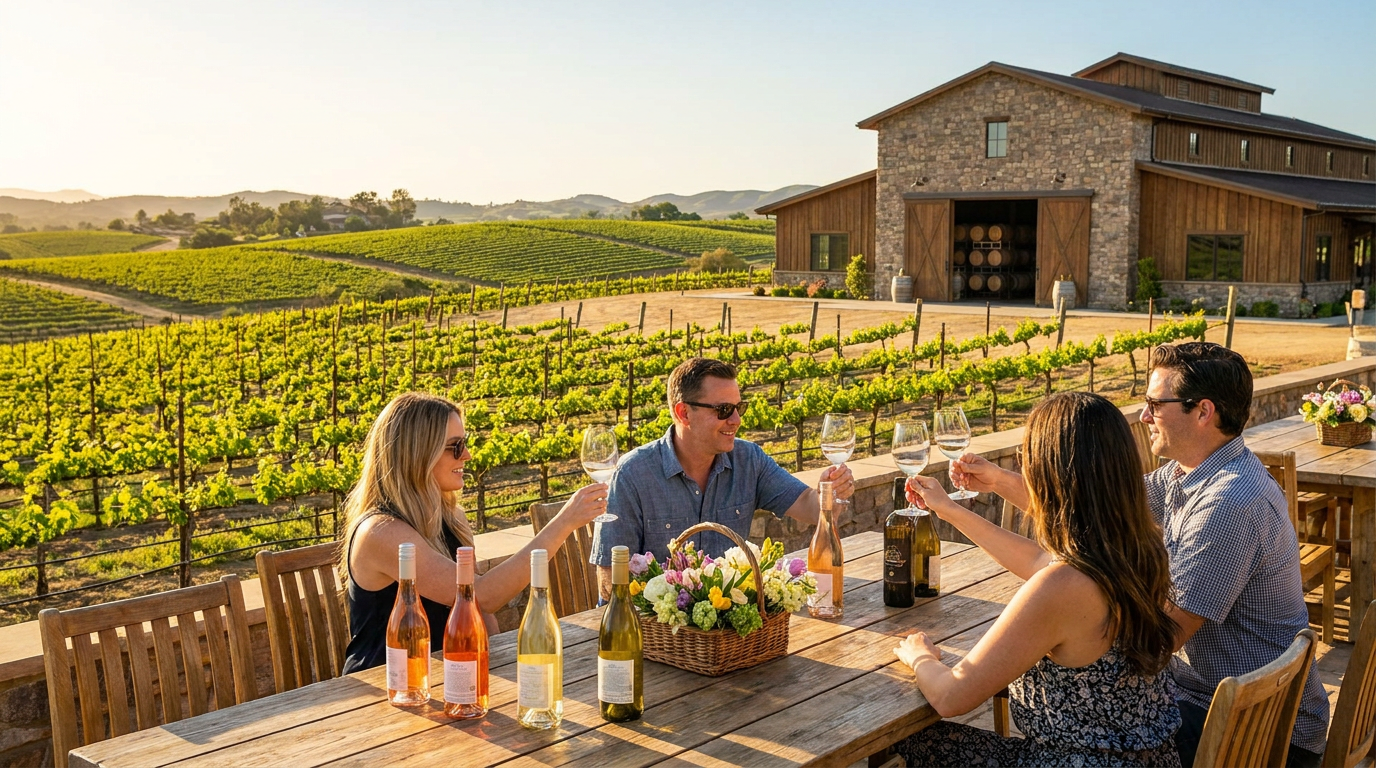 four people enjoying wine at a vineyard, showcasing spring wine club benefits