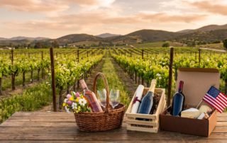 may wine gift sets with bottles and cheese on a wood table, overlooking a vineyard view.