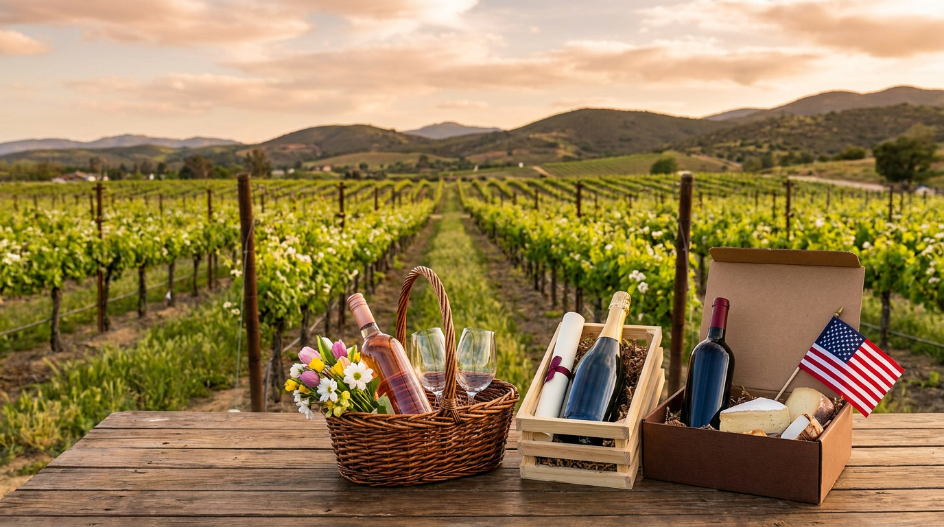 may wine gift sets with bottles and cheese on a wood table, overlooking a vineyard view.