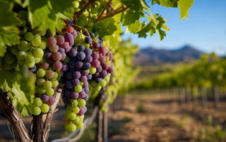 grape clusters in various stages of ripening, from green to purple, for monitoring grape ripening.