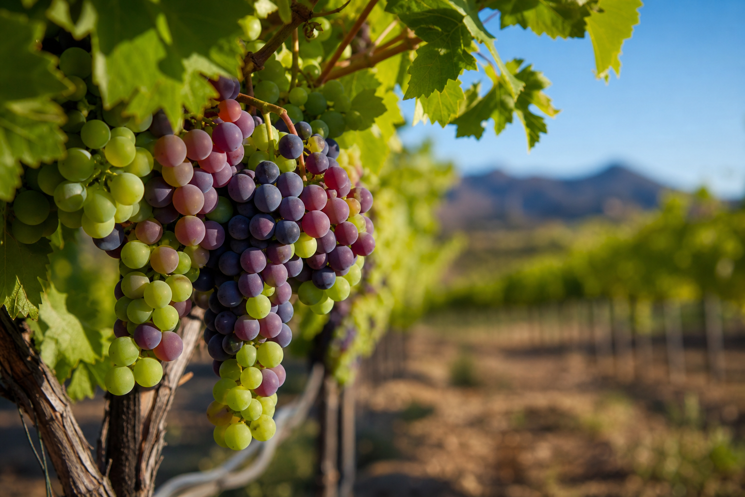 grape clusters in various stages of ripening, from green to purple, for monitoring grape ripening.