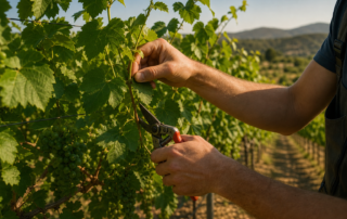 skilled hands performing pre harvest vineyard pruning on green grapevines with pruning shears.