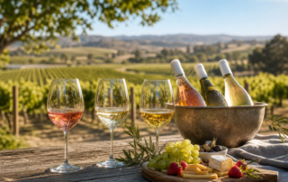 rosé, white, and golden uys summer wines 2026 served with cheese and fruit at a vineyard.