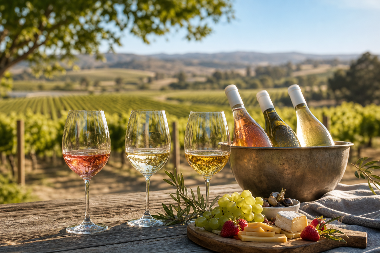 rosé, white, and golden uys summer wines 2026 served with cheese and fruit at a vineyard.