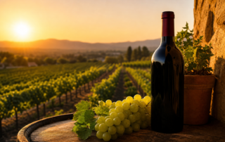 red wine bottle and green grapes on a barrel at sunset, great for summer wine storage.