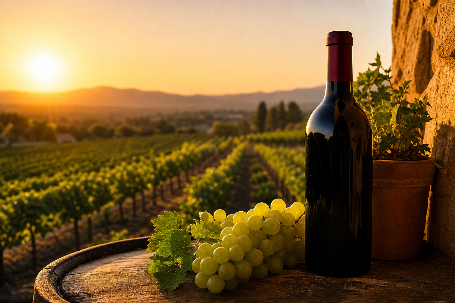 red wine bottle and green grapes on a barrel at sunset, great for summer wine storage.
