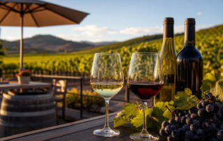 two wine glasses, bottles, and grapes on a table overlooking a vineyard, highlighting uys wines club benefits.