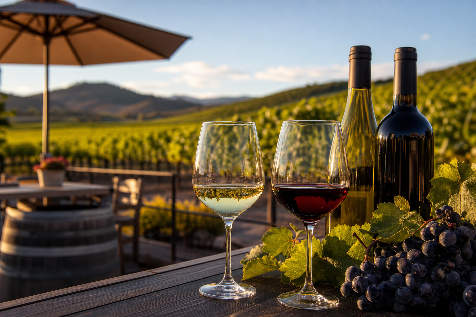 two wine glasses, bottles, and grapes on a table overlooking a vineyard, highlighting uys wines club benefits.