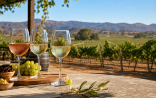 three glasses of different temecula summer wine on a patio overlooking a sunlit vineyard.