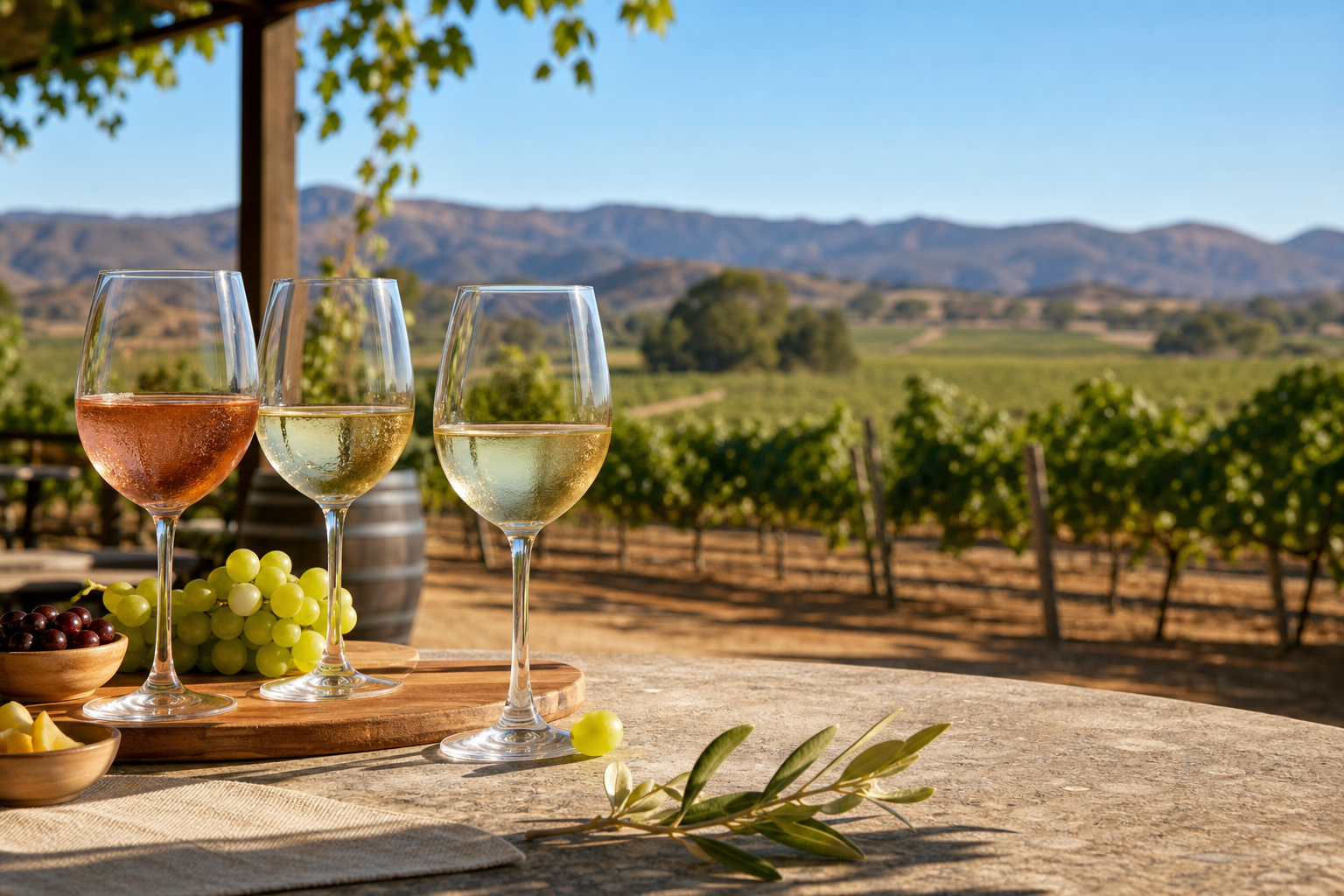 three glasses of different temecula summer wine on a patio overlooking a sunlit vineyard.