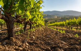 rows of vibrant green grapevines with visible vineyard soil health in july, under a clear sky.