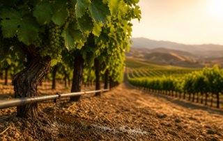 drip vineyard irrigation during heat, watering rows of grapevines with arid hills in background