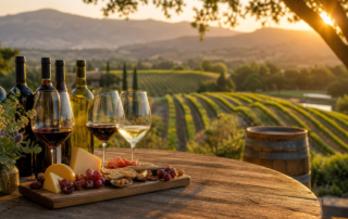 uys wines private tasting with bottles, wine glasses, cheese, grapes, and crackers on a wooden table overlooking a vineyard at sunset.